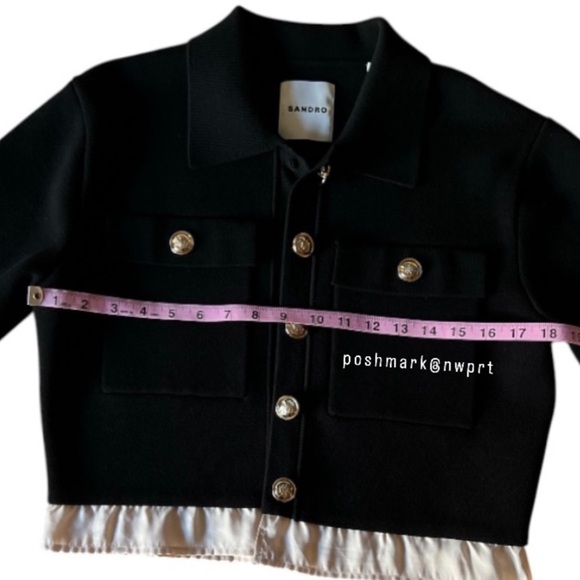 SANDRO Haylo Coatigan Ruffle Hem Knit Cardigan Sweater Jacket Black Cream XS 0 - Picture 13 of 15